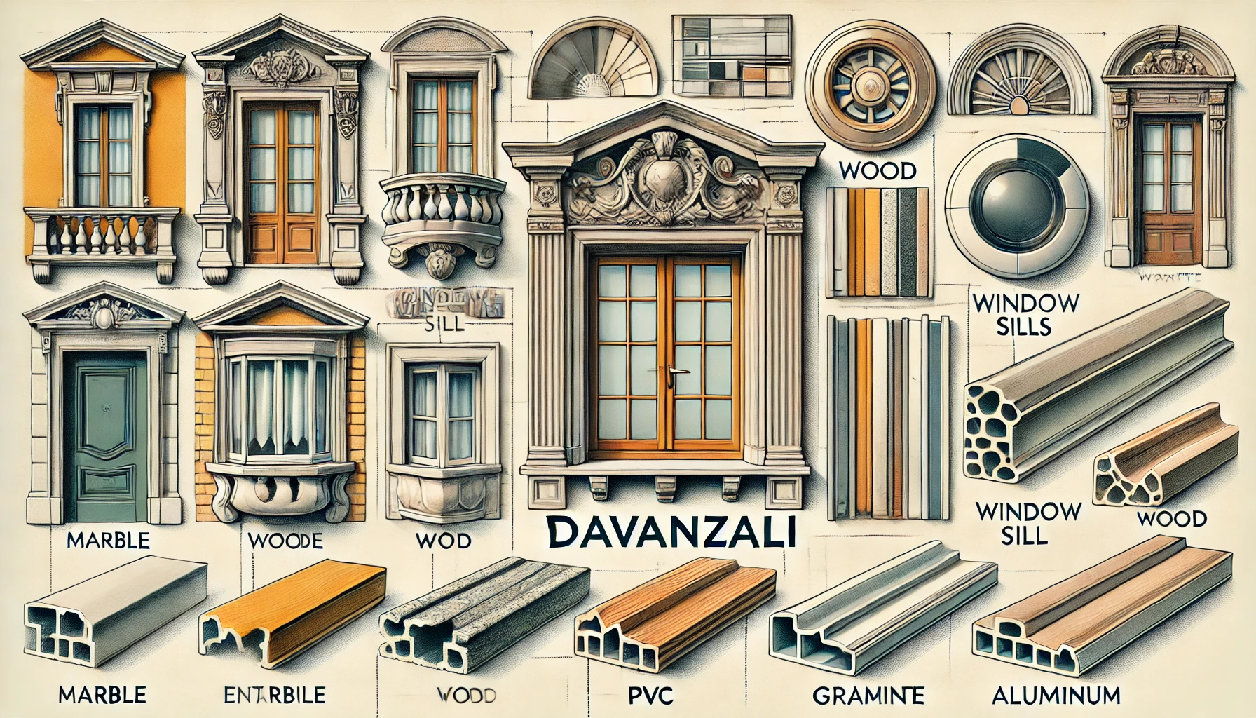 DALL·E 2024-10-11 10.39.56 - An illustration representing the concept of 'davanzali' (window sills) in Italian homes. The image should show different styles and materials of windo